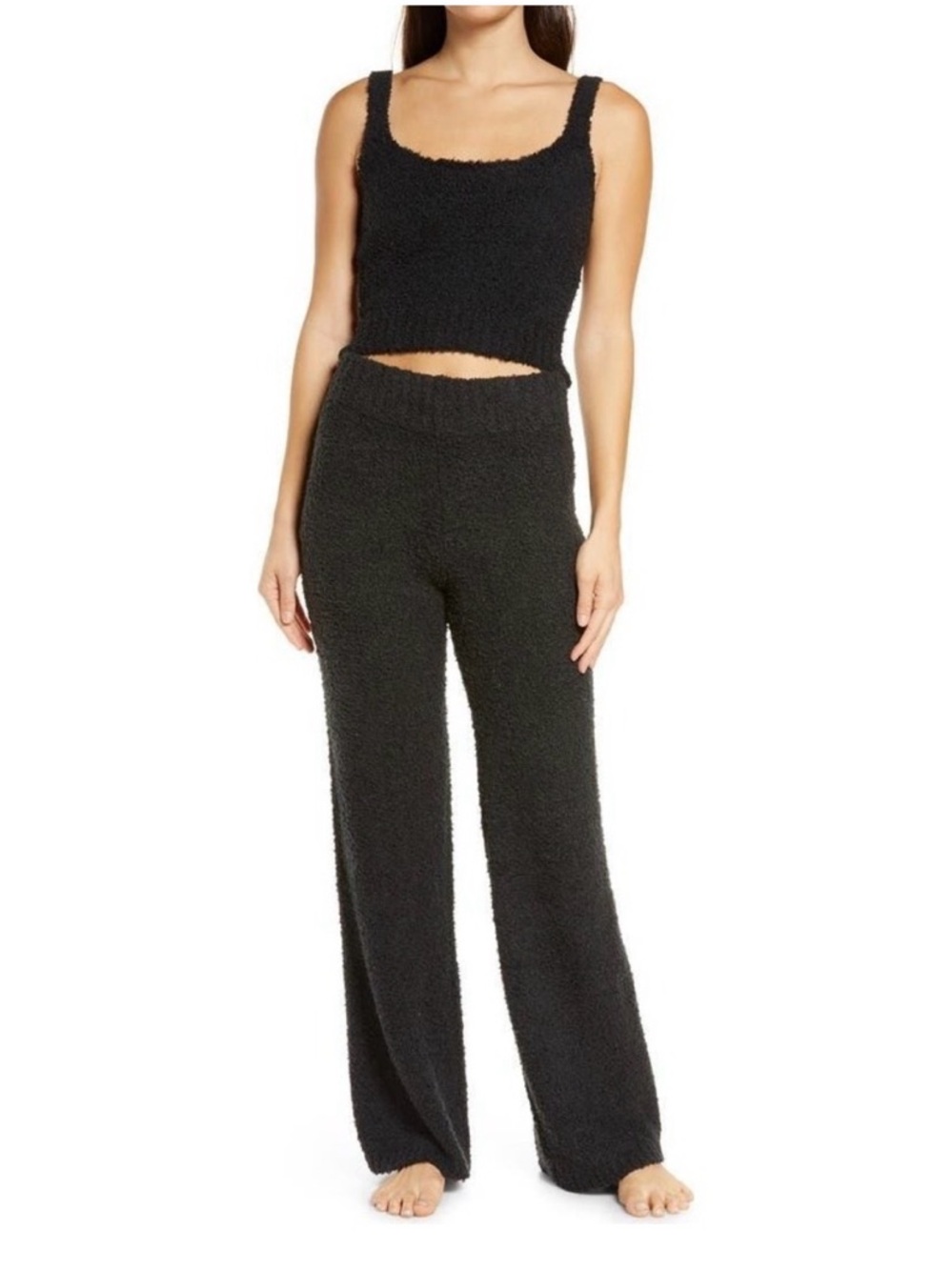 SKIMS set black cozy tank and wide bottoms set.